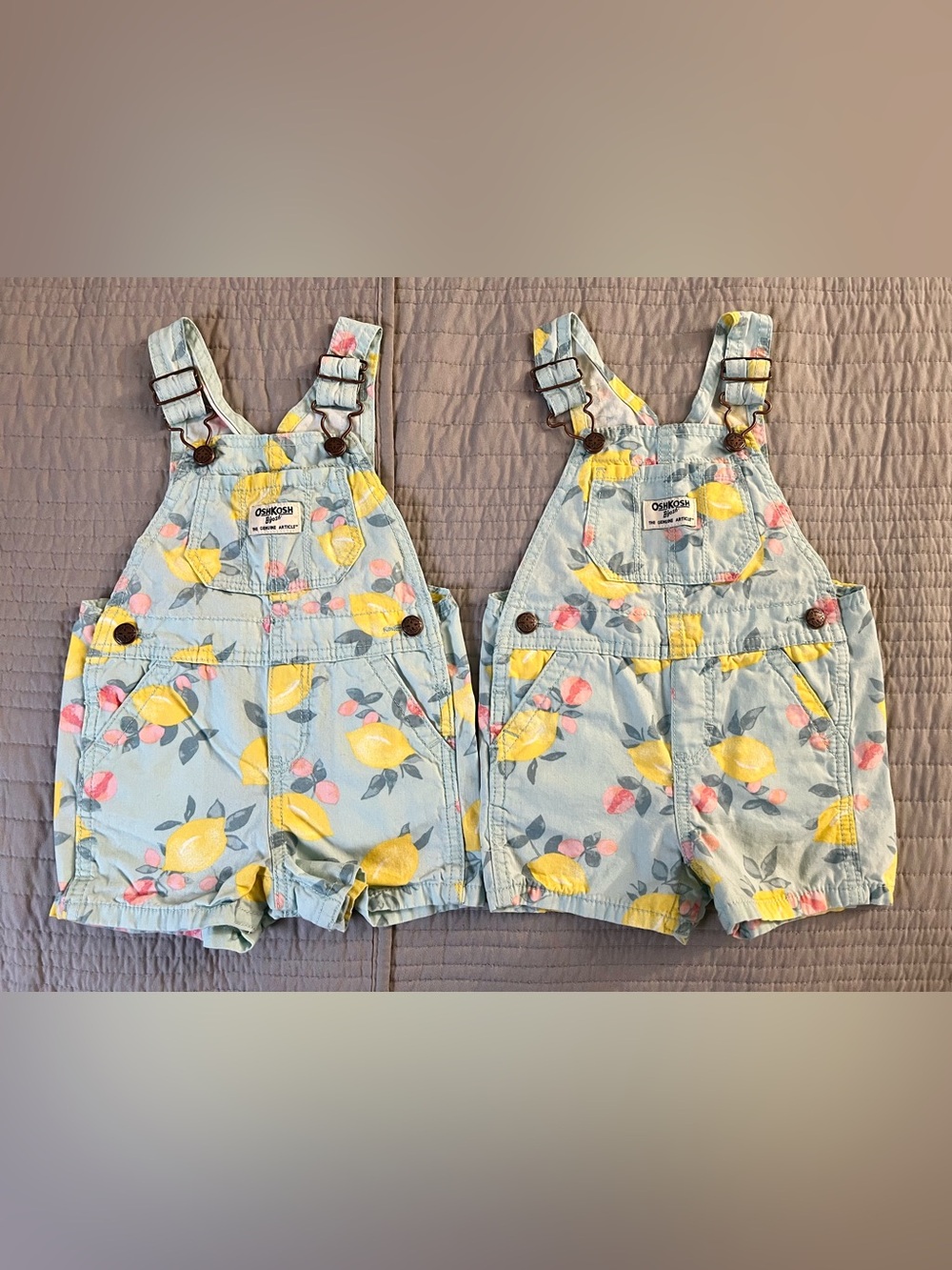 TWIN GIRLS | Like New OshKosh B'gosh Light Blue Lemon Print Shortalls 18m